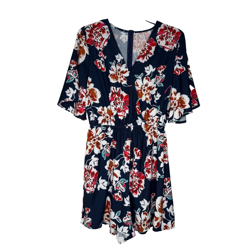 Floral Print Romper | Size Medium | Navy V-Neck Short Sleeve | Elastic‎ Waist